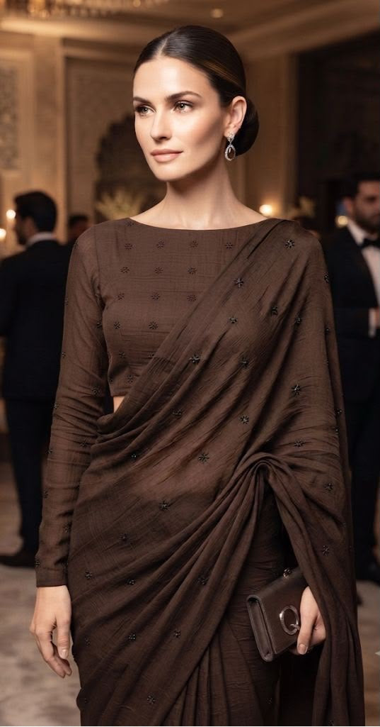 Coffee Brown Chiffon Georgette Saree with Embroidery Butti