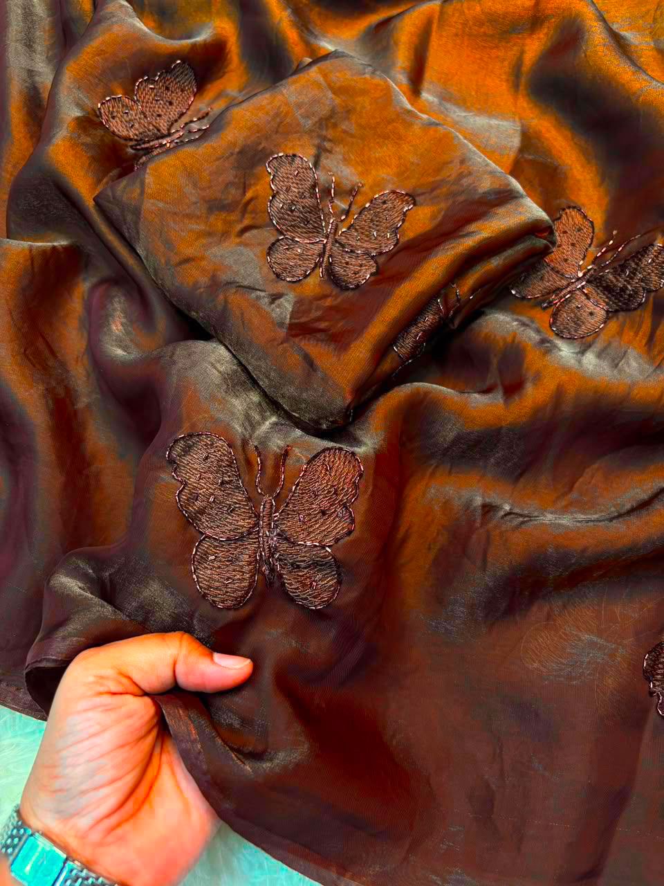 Butterfly Embroidered Metallic Tissue Organza Saree