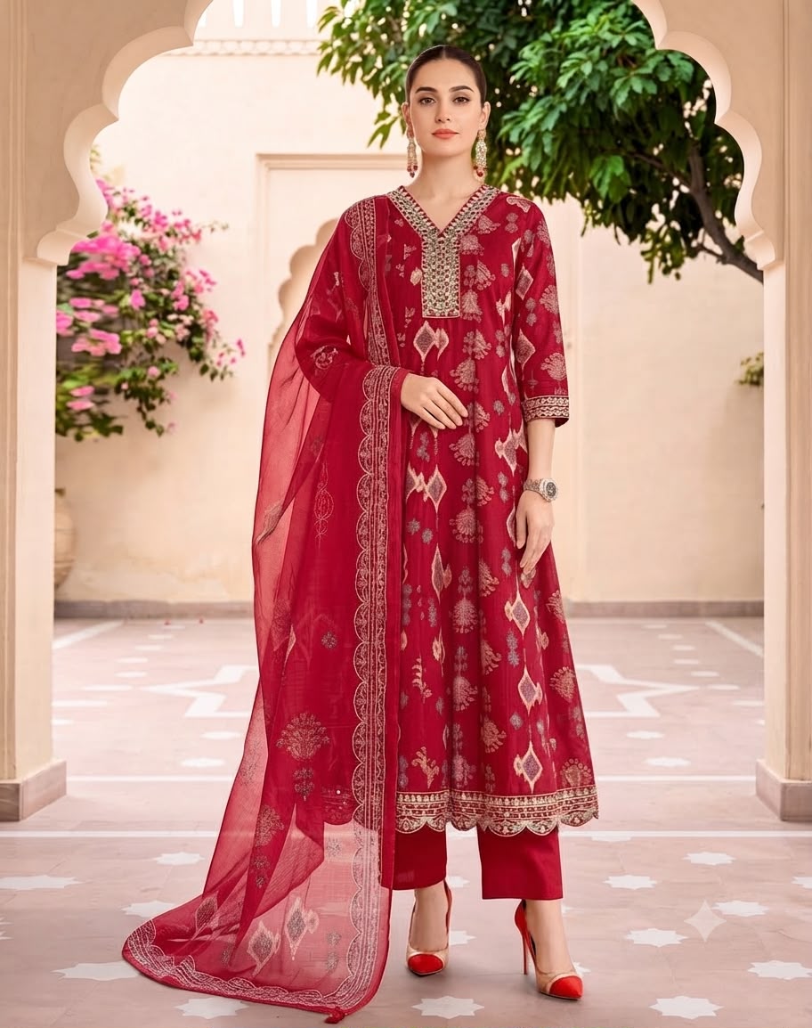 Printed Embroidered Anarkali Suit Set