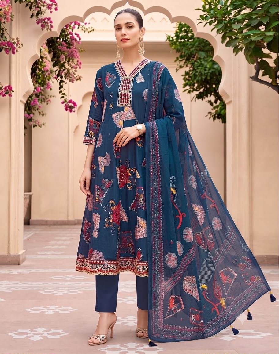 Printed Embroidered Anarkali Suit Set