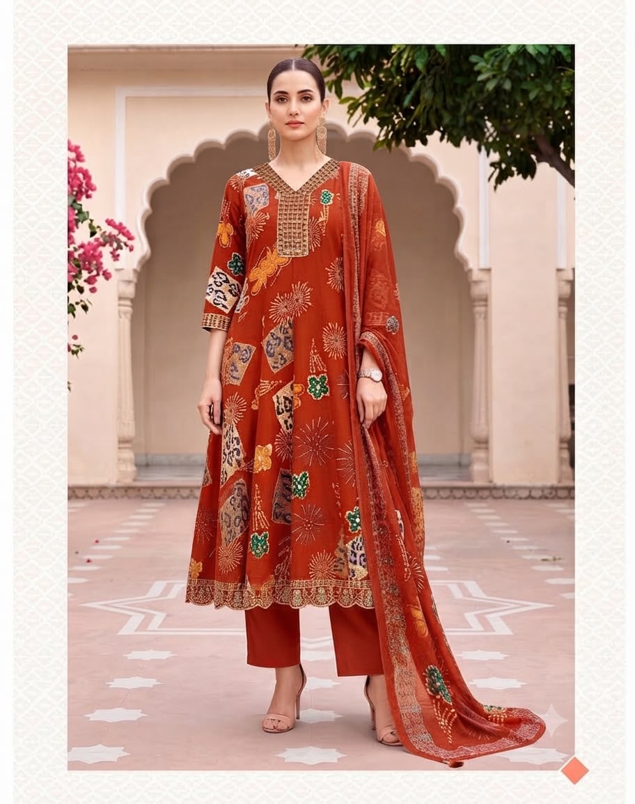 Printed Embroidered Anarkali Suit Set