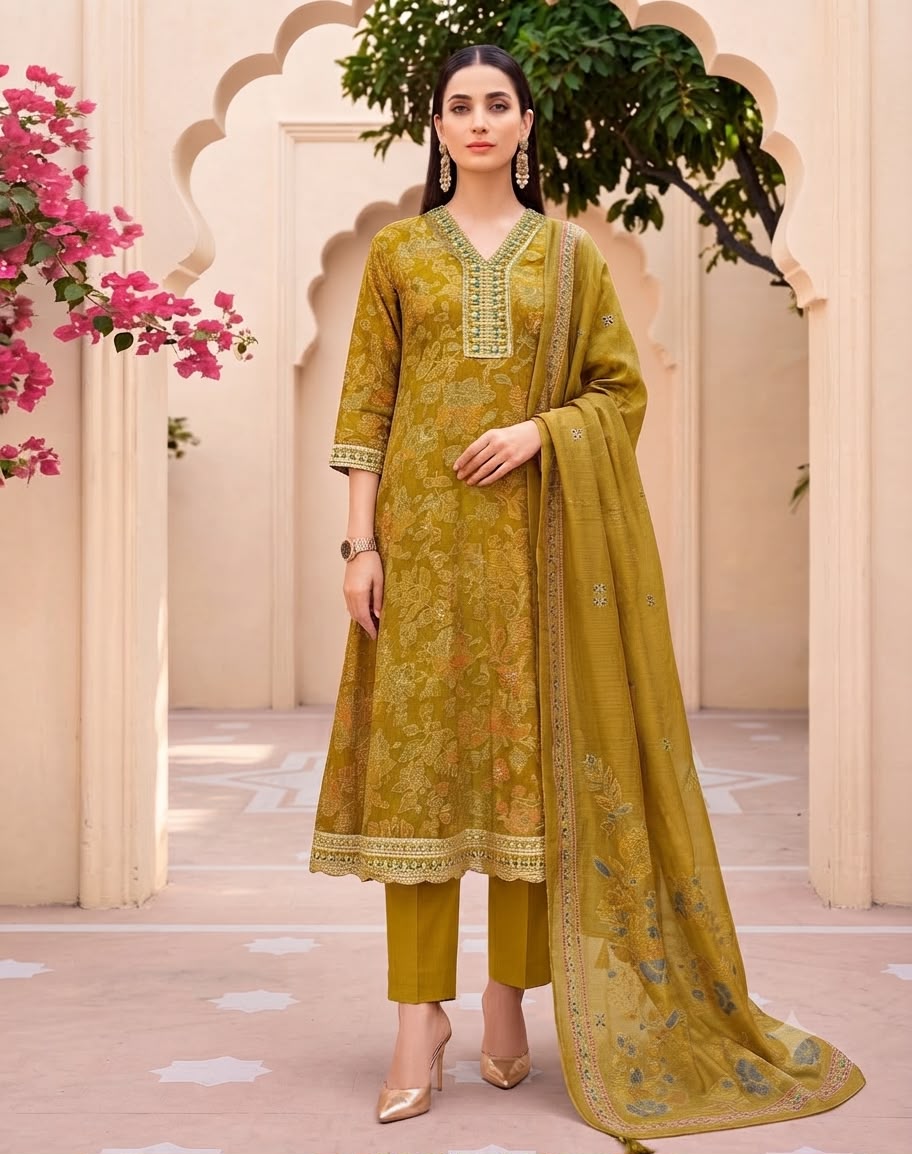 Printed Embroidered Anarkali Suit Set