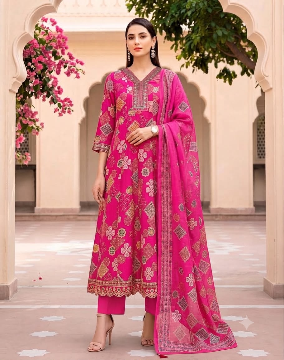 Printed Embroidered Anarkali Suit Set