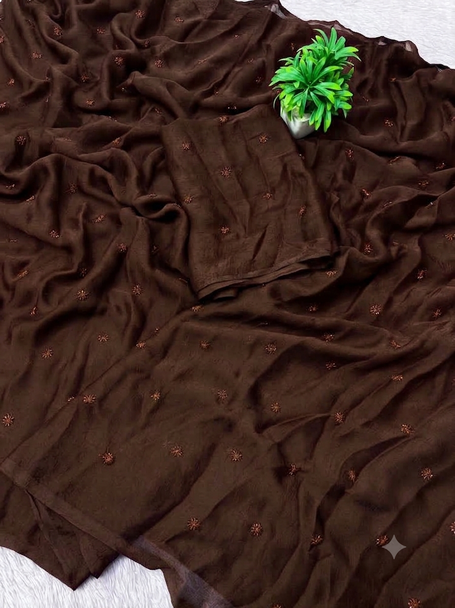 Coffee Brown Chiffon Georgette Saree with Embroidery Butti